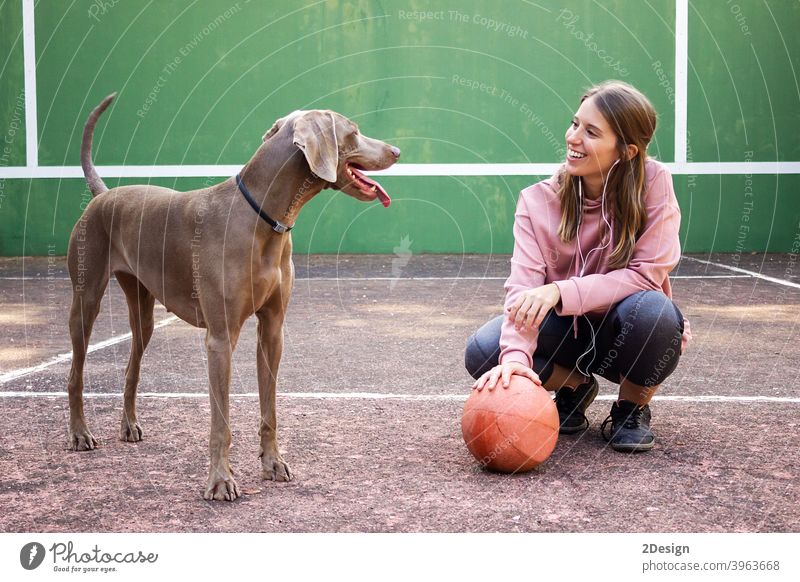 Junge Frau hält Ball posiert mit ihrem Hund Sport Person Basketball Beteiligung Mädchen Spieler Haustier Übung jung Gesundheit Lifestyle passen Körper Glück