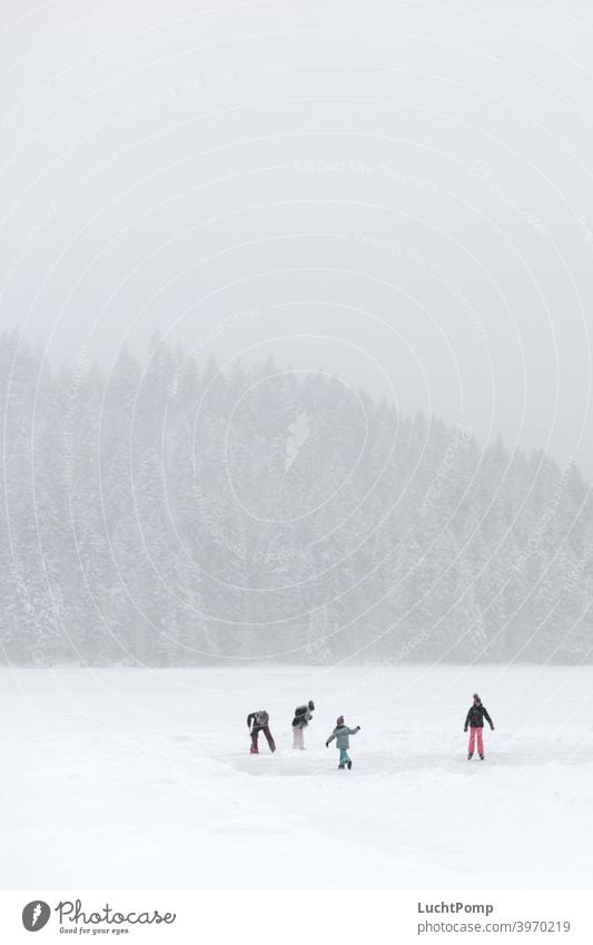 Vier Kinder laufen Schlittschuh auf zugefrorenem See Schnee verschneit Fichtenwald Wald Tannenwald verschneite Bäume eingeschneit Wanderung stille friedlich