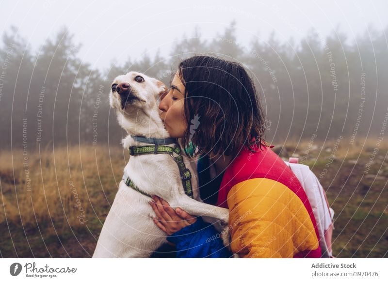 Frau küsst Hund in der Natur Kuss Besitzer Liebe Freundschaft Tier Zusammensein Angebot bezaubernd weiß schlendern Haustier Stammbaum gehorsam Eckzahn Begleiter