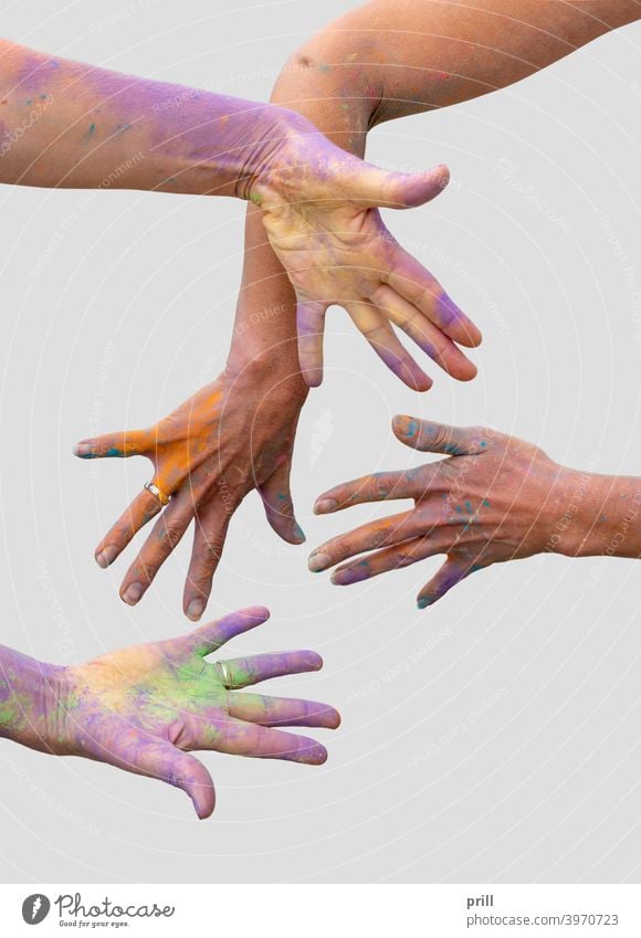 bunte Hände Hand Glück Holi Farbe Feier Spaß Pulver Farbstoff heilig Fröhlichkeit zu feiern Aktivität farbenfroh platschen pulsierend Nahaufnahme Kreativität