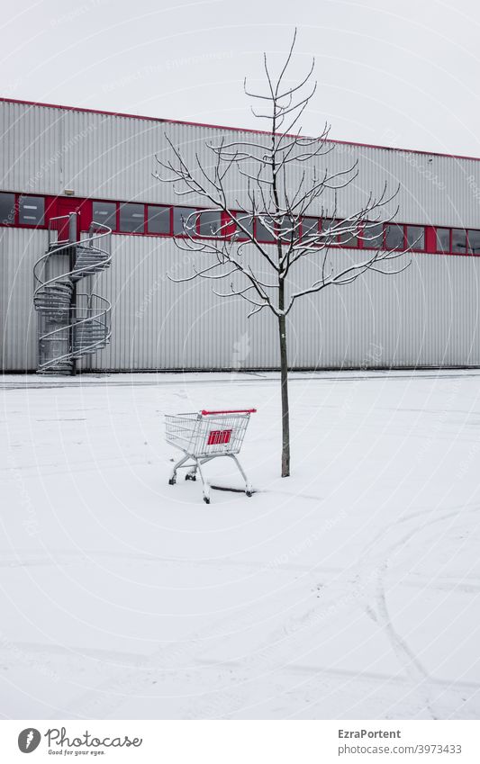 Rot-Weiß Schnee Eis weiß rot Einkaufswagen Einkaufszentrum Spuren kalt Baum Menschenleer Frost Winter Fassade Treppe Wendeltreppe Fenster Gebäude Konsum