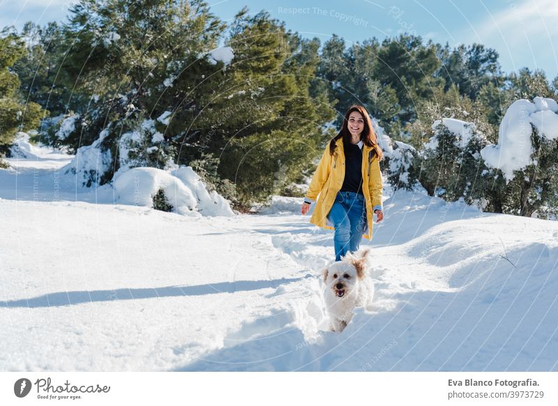 Backpacker Frau Wandern im Freien mit niedlichen Pudel Hund. Snowy Berg in der Wintersaison. Natur, Haustiere und Lebensstil Rucksack Berge u. Gebirge Schnee