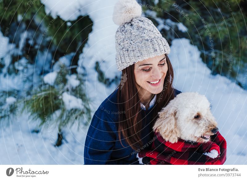 schöne Frau in verschneiten Berg Holding niedlichen Pudel Hund in den Armen in karierten Decke gewickelt. Wintersaison. Natur und Haustiere Schnee