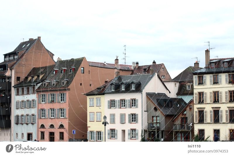 mindestens 3 Stockwerke - Häuserzeile in Straßburg Wohnhäuser Fenster Dachausbau dezente Farben Dächer abseits der Altstadt Fensterläden Anbauten Stein Holz