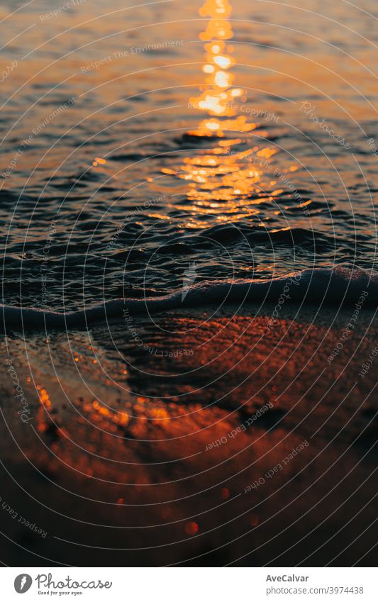 Eine Nahaufnahme von einer Flut während eines Sonnenuntergangs mit super Textur und bunten Tönen mit Kopie Raum Gezeiten Meer Reflexion & Spiegelung