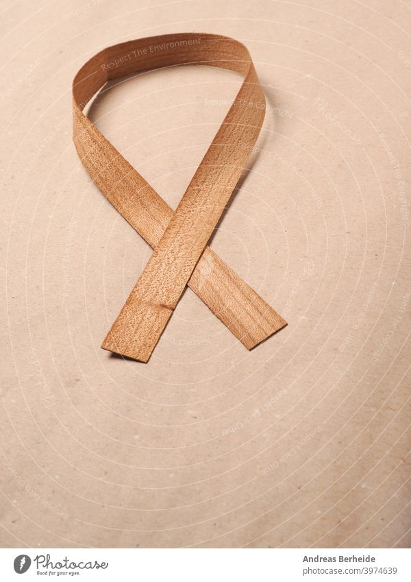 Holzkantenfurnier kräuseln sich auf einem Naturpapier, Symbol für das Bewusstsein für Leberkrebs, Weltkrebstag Bändchen braun hölzern Furnier Kantenfurnier