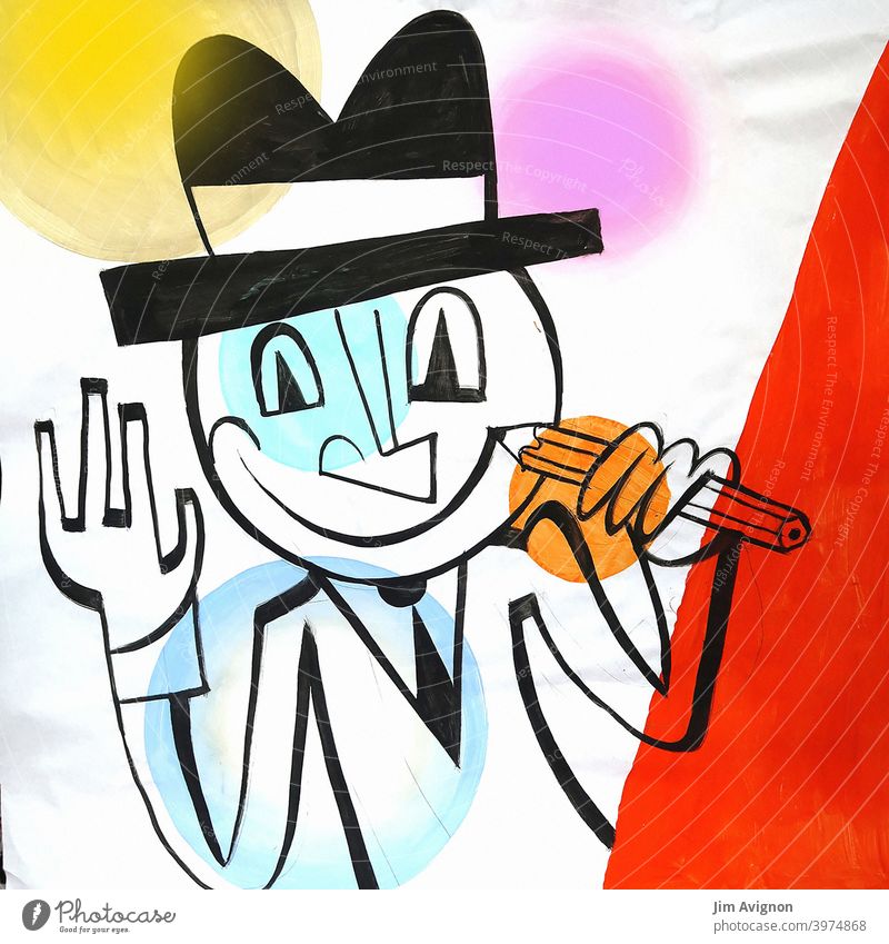 Mann mit Hut malt sich ein Lächeln auf Selbstmotivation Optimismus Malstift