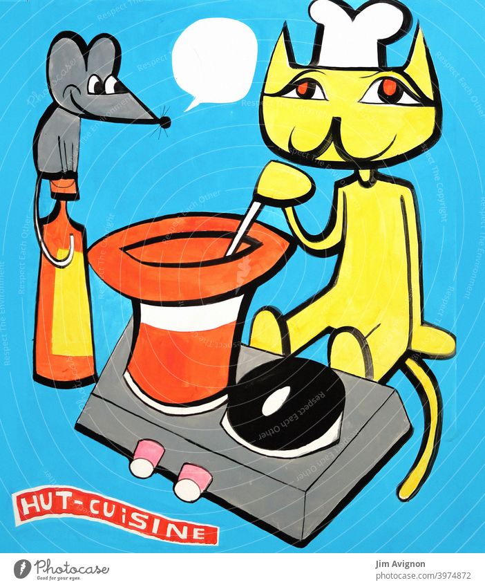 Gelbe Katze kocht in einem roten Hut – Hut Cuisine kochen haut cuisine Koch Restaurant Maus lecker
