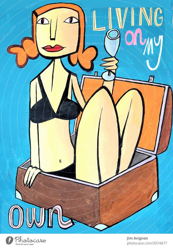 Frau im Koffer – Living on my own rothaarig Bikini sitzen Drink trinken Wein selbstbestimmt selbstbewußt illustration