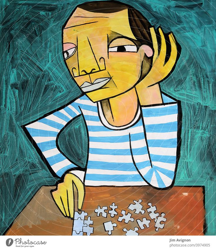 Der Puzzle-Spieler Spielen Mann Tisch Geduld Kombination Kunst illustration Picasso