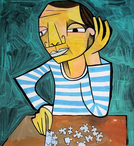 Der Puzzle-Spieler Spielen Mann Tisch Geduld Kombination Kunst illustration Picasso