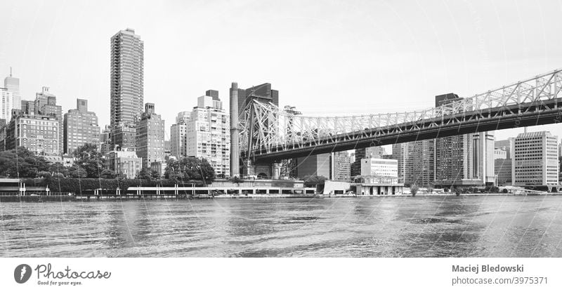 Panoramablick auf Manhattan von Roosevelt Island aus gesehen, New York City, USA. Großstadt New York State Stadtbild Skyline schwarz auf weiß Gebäude urban