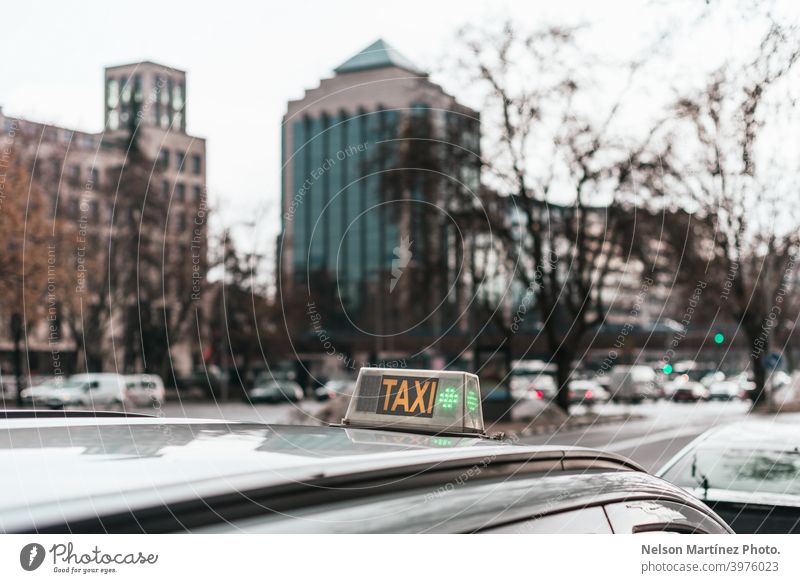Nahaufnahme eines Taxischilds an einem Auto. Zeitgenosse Aufschrift reisen Warten Reise Dienst Verkehr Tag Stadtleben Text Symbol Transport Wort fahren Straße