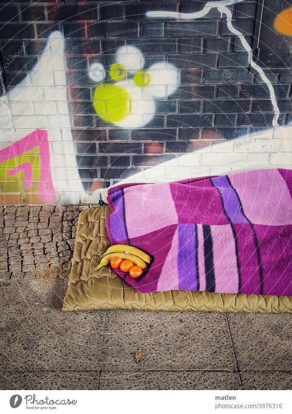 Obdachlosenhilfe Obdachtlos Unter der bruecke Decke Graffiti Banane Mandarine Ordentlich Bunt Berlin Farbfoto kalt