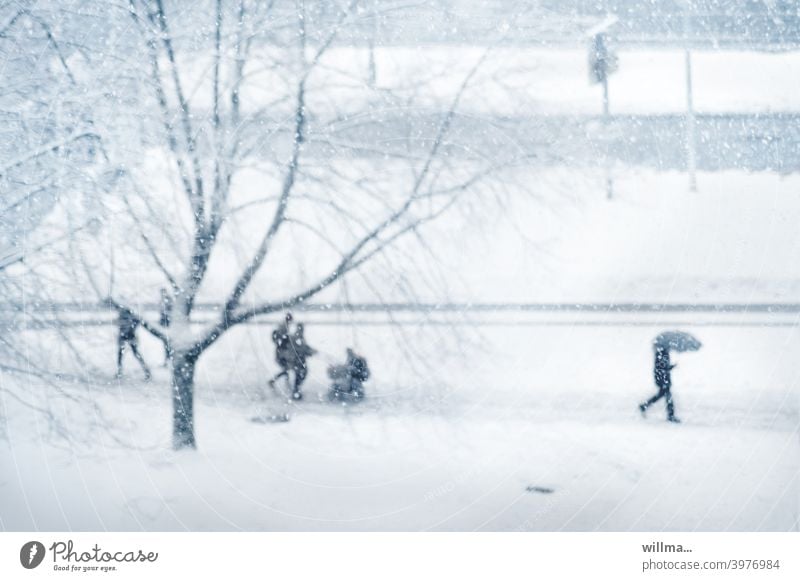 Stadtwinter Winter Schnee Menschen Straße gehen eilen Familie winterlich Baum schneebedeckt Fußweg kalt Winterstimmung Wintertag laufen Spaziergang
