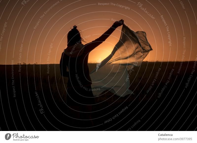 Am Horizont geht die Sonne unter, die junge Frau schüttelt ihr Tuch aus Natur Dämmerung Sonnenuntergang Abend Sonnenlicht Himmel Silhouette Person Schwarz