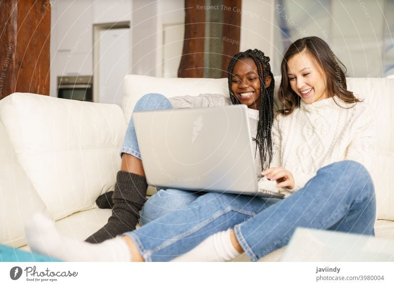 Zwei Studentinnen, die zu Hause mit einem Laptop auf der Couch sitzen. Frauen Freund multiethnisch Computer rassenübergreifend Liege Schüler schwarz Afro-Look