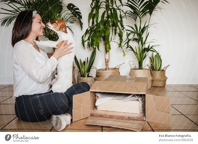 glückliche Frau und Hund zu Hause entspannen nach der Arbeit Zusammenbau von Möbeln. DIY-Konzept. Frau küsst Hund. Liebe es selbst machen heimwärts Kuss