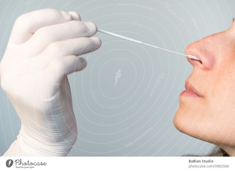Eine Krankenschwester mit Latexhandschuhen führt einen Tupfer in die Nase einer Frau ein, um eine mögliche positive COVID-19-Probe während der Pandemie zu sammeln. Antigen-Testverfahren.