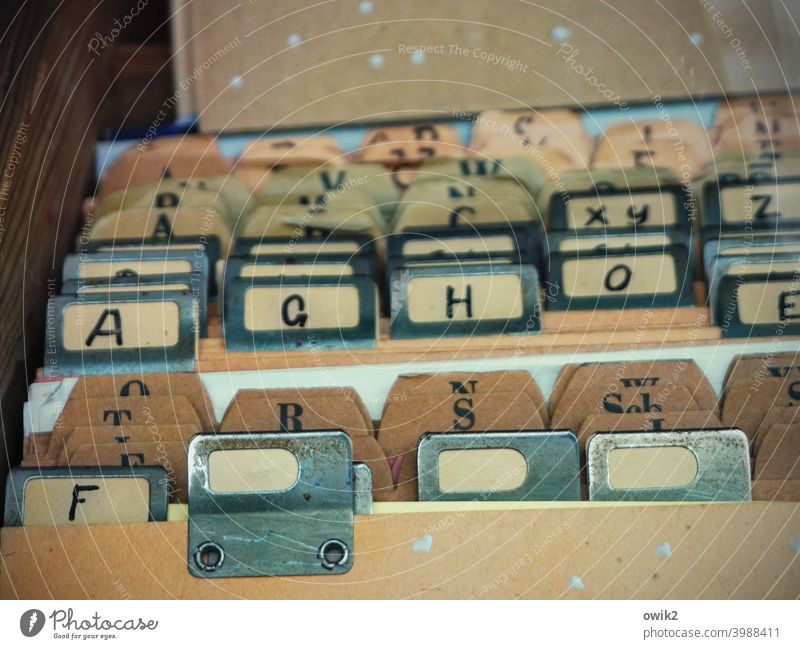 Alte Kladde System Pappe Kunststoff Bürokratie einsortieren Buchstaben Ordnung alphabetische reihenfolge Farbfoto Menschenleer Tag Textfreiraum oben Typographie