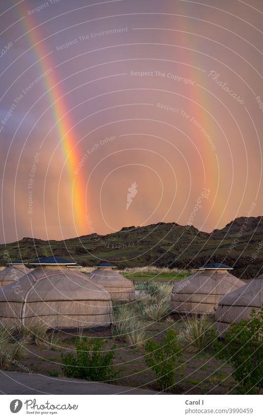 double rainbows over Mongolia Regenbogen Jurte Mongolei Ferien Natur Landschaft Sommer Naturspektakel Doppelregenbogen pink Jurtendorf" Naturstimmung