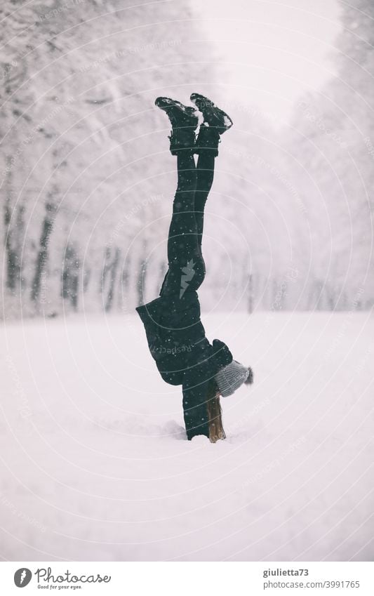 Sportliche, junge Frau im verschneiten Park macht Handstand im Schnee Winter Spielen Außenaufnahme Freude weiß kalt Glück Kindheit Jahreszeiten