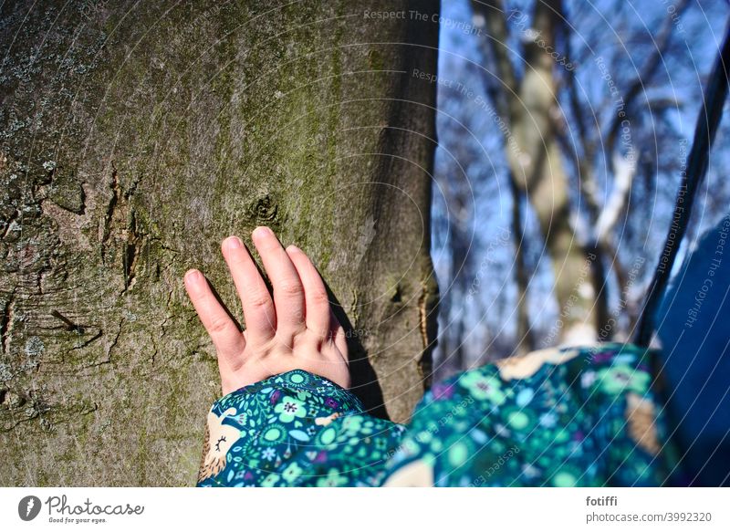 Borkengefühle - Kleinkind fasst einen Baum an Baumstamm Gefühle Oberfläche tasten fühlen berühren Rinde Natur Wald Außenaufnahme Pflanze Umwelt Baumrinde