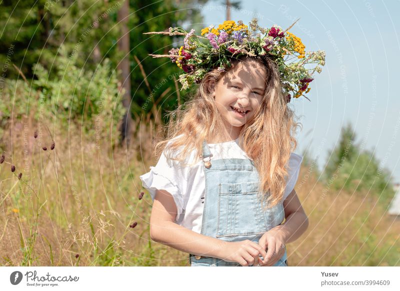 Nettes hübsches lächelndes Mädchen mit einem Kranz aus wilden Blumen auf dem Kopf. Sommerurlaub in der Natur. Glückliche Kindheit Konzept. niedlich Lächeln