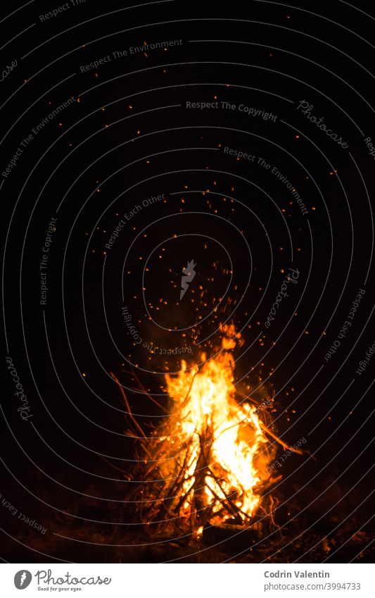 Firecamp in der Nacht Zeit. Heiße Feuerstelle voller Holz und Feuer brennt, Nahaufnahme abstrakt Bernstein Pfeil Kunst Asche Freudenfeuer Brandwunde verbrannt