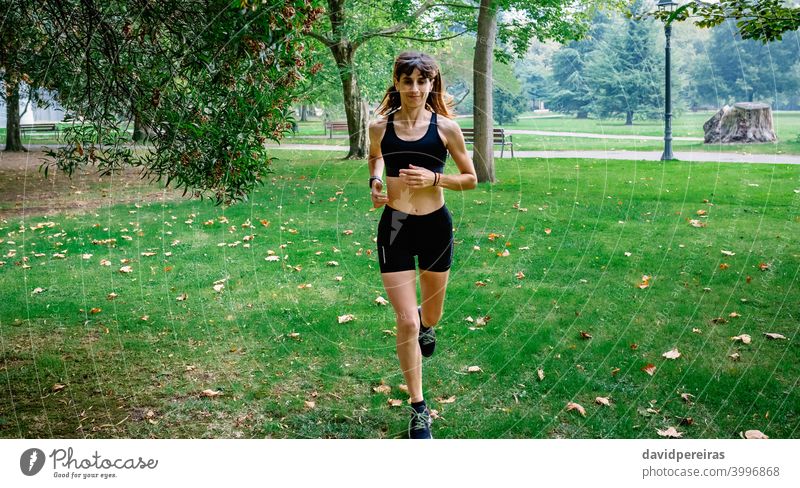 Weibliche Athletin läuft durch einen Park Läufer Frau Training Herbst Sportlerin Morgen jung Menschen passen Gesundheit Körper Übung Mädchen sportlich Fitness