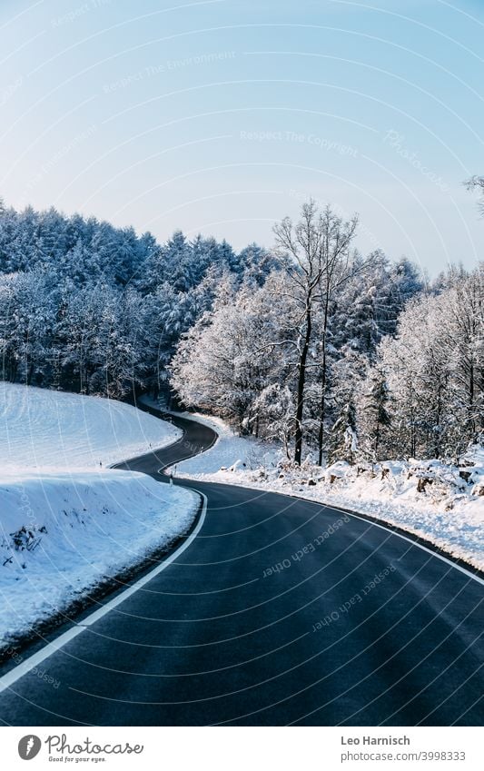 Geschwungene Straße im Winter Schnee Verkehrswege Landschaft Frost weiß Natur Menschenleer Umwelt Wald kalt Baum Schneelandschaft Winterstimmung Wetter