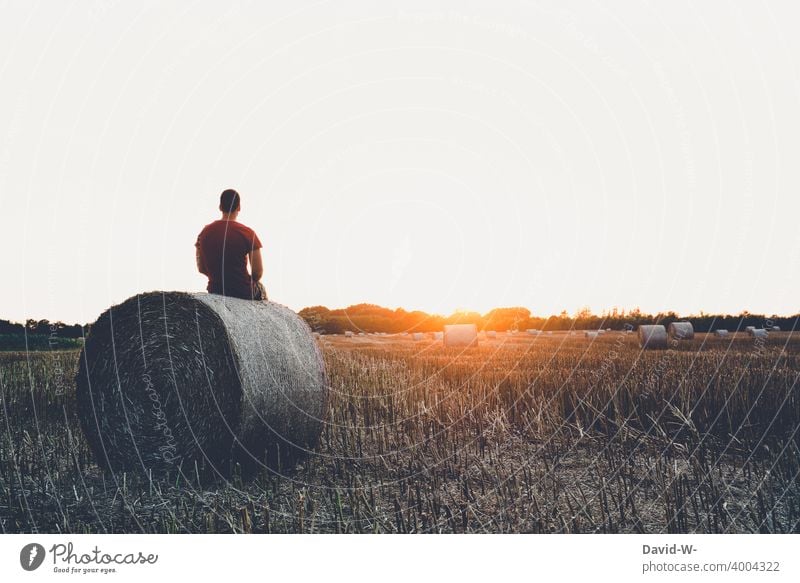 Mann sitzt auf einem Strohballen und genießt die Ruhe und den Sonnenuntergang genießen Natur Idylle Abenddämmerung sitzen Landleben Bauer naturbursche