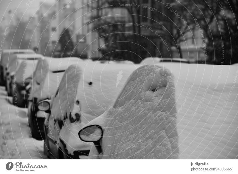 Winter auf der Straße Schnee kalt Niederschlag Verkehr urban Wetter Klima Auto parken parkende Autos Schneehaube Stadt Wohngebiet Aussenspiegel PKW Fahrzeug