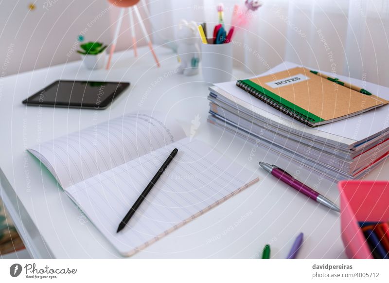 Schreibtisch im Mädchenzimmer in Pastellfarben dekoriert weißer Schreibtisch Nahaufnahme Hausaufgabe niemand nordischer Dekorationsstil Notebook kindisch schick
