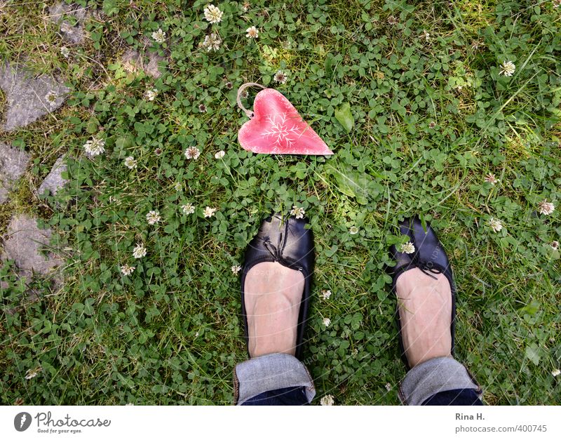 Verloren Mensch Sommer Garten Wiese Jeanshose Schuhe stehen Gefühle Traurigkeit Fuß Herz verloren runtergefallen Klee Pflastersteine Farbfoto Außenaufnahme