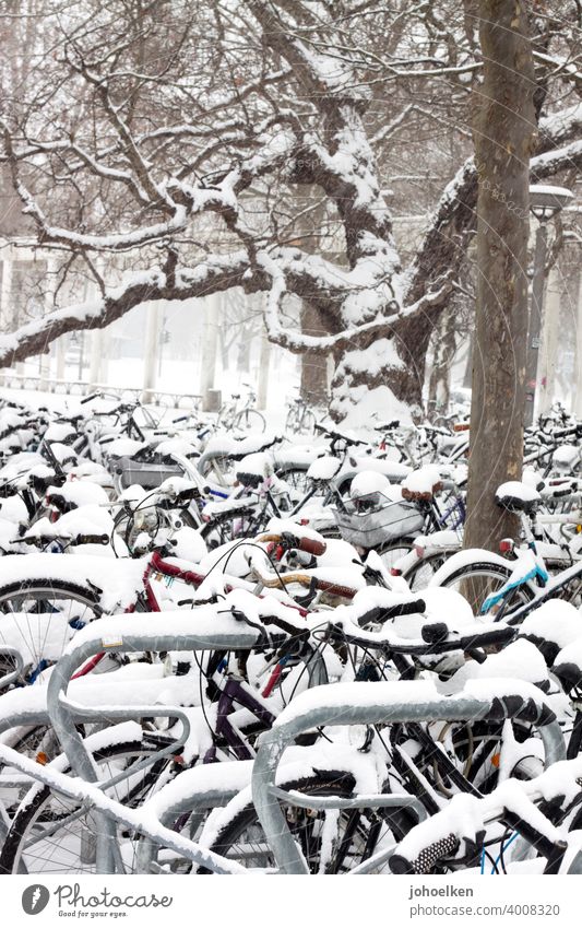 Fahrradparkplatz im Schnee Fahrräder Fahrradständer Winter Schnefall Stillstand eingeschneit kälte frost abgestellt
