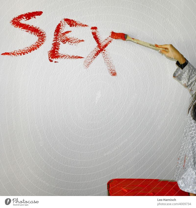 SEX in roter Farbe auf weißer Wand gepinselt Sex Sexualität Erotik Lust Begierde Liebe schön Gefühle Verliebtheit Textfreiraum unten Zusammensein Kommunizieren