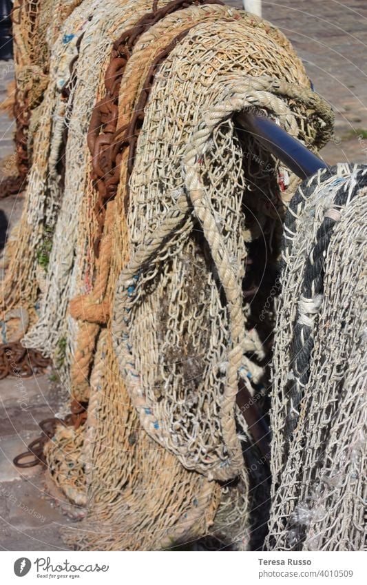 Fischernetze hängen zum Trocknen auf Netz maritim Arbeit & Erwerbstätigkeit Fangnetz Gedeckte Farben Detailaufnahme Nahaufnahme Strukturen & Formen Farbfoto