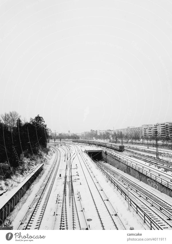 Zug auf Schienennetz am Bahnhof im Schnee Straßenbahn Kurve Netzwerk Stollen Schienenverkehr Linien kalt schneebedeckt weiß schwarz Eisenbahn Industrie