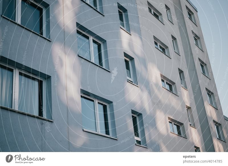 Grau blaue Hauswand eines Plattenbaus in Hamburg Steilshoop plattenbau Plattenbauweise grau ultimate grey ultimatives Grau schatten fenster hauswand Fassade