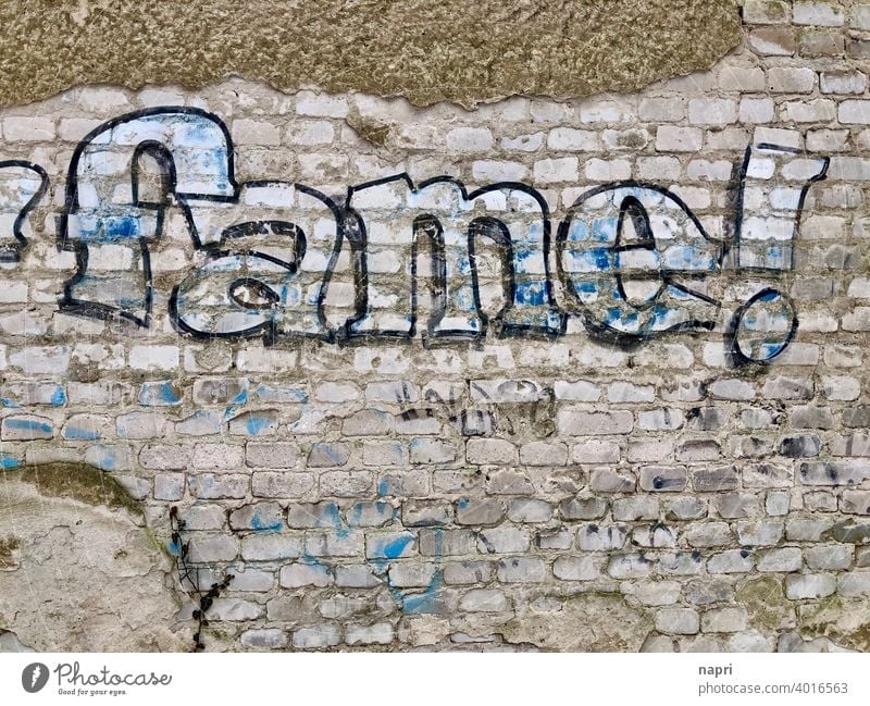 fame! | Graffiti auf heller Ziegelmauer ruhm Wort Mauer Jugendkultur Text Wand Wunsch Ziel trashig berühmt Erfolg erfolgreich wunschdenken Kreativität Subkultur