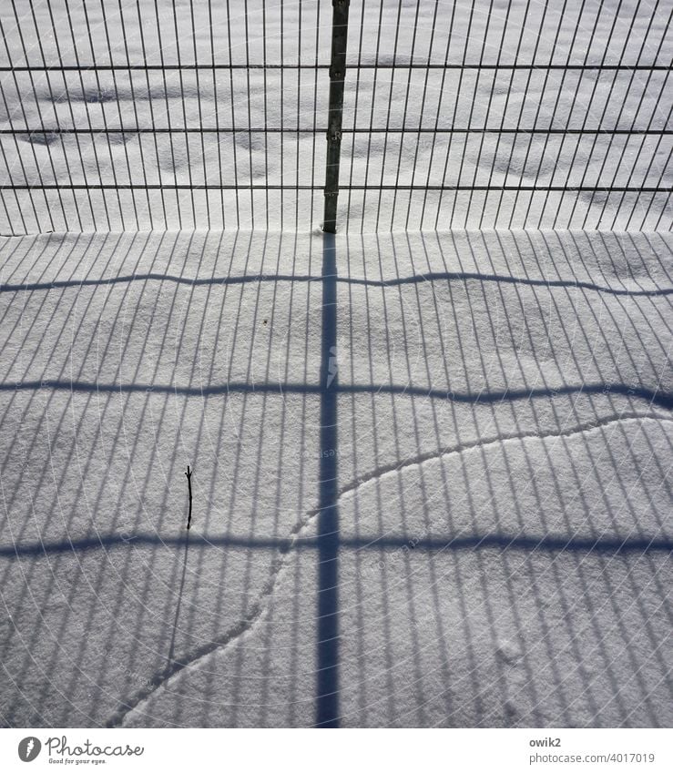 Eine Frage der Berechnung Schnee Schneedecke Zaun Gitter Metall Begrenzung Grundstücksgrenze Barriere Sonnenlicht Schatten komplex Parallelen Kurve Spur