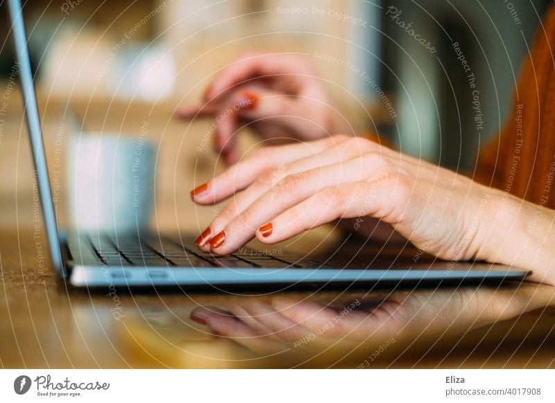 Frauenhände tippen zuhause etwas auf der Tastatur eines Laptops Tippen Notebook Homeoffice home Office online arbeiten Hände Computer Arbeitsplatz Internet