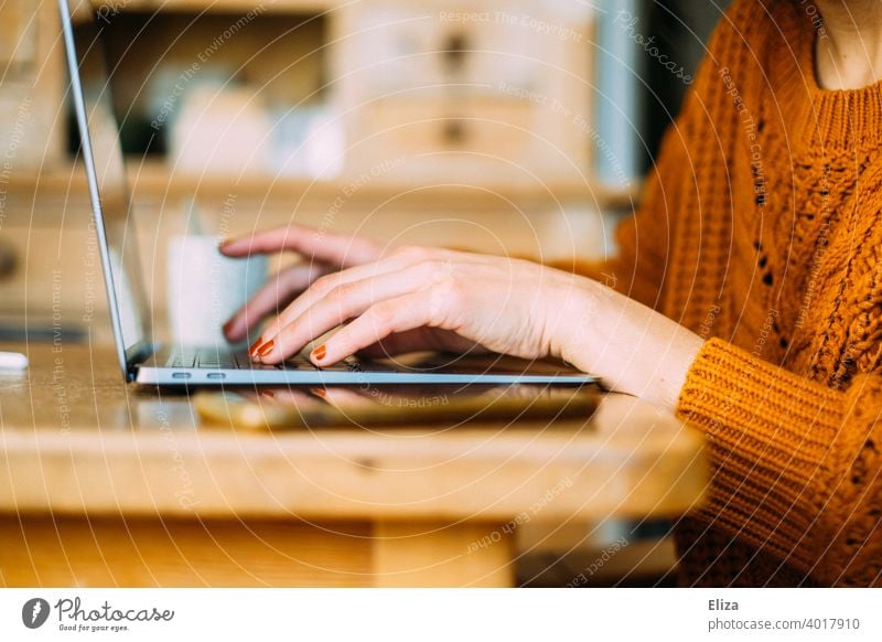 Frau tippt zuhause etwas auf der Tastatur eines Laptops Tippen Notebook Homeoffice home Office online arbeiten Hände Computer Arbeitsplatz Internet modern