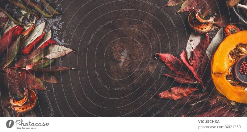Herbstlicher Rahmenhintergrund mit halbem Kürbis und Herbstblättern. Ansicht von oben. Rahmen Borte Hintergrund Hälfte Herbstlaub Draufsicht Blätter Tisch Raum