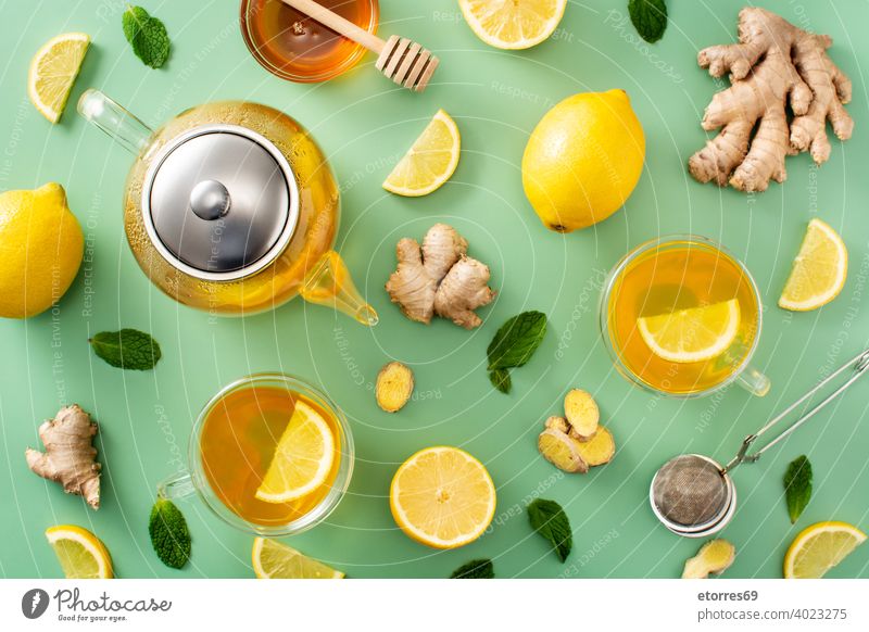 Ingwertee mit Zitrone und Honig Aroma asiatisch Getränk Zitrusfrüchte Tasse lecker trinken Geschmack frisch Frucht Glas grün Gesundheit Liebling heiß