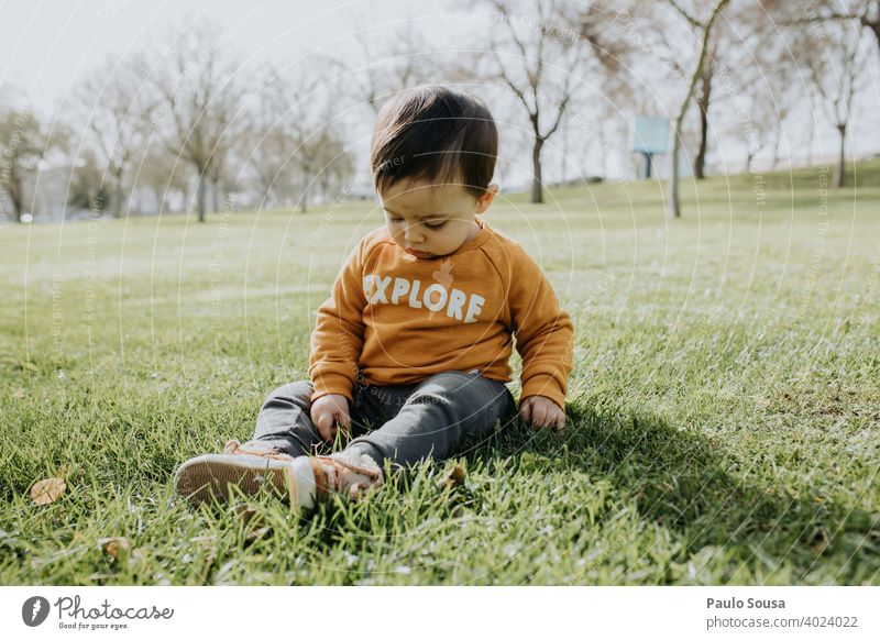 Kind spielt im Park sitzen Sitzen Gras Kindheit 1-3 Jahre Kaukasier Farbfoto Außenaufnahme Tag Lifestyle Mensch Fröhlichkeit Kleinkind Glück authentisch Freude