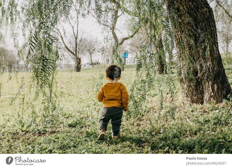 Kind spielt im Park Baum Kindheit 1-3 Jahre authentisch Kaukasier Farbfoto erkunden Tag Lifestyle Fröhlichkeit Leben mehrfarbig Freude Glück Außenaufnahme