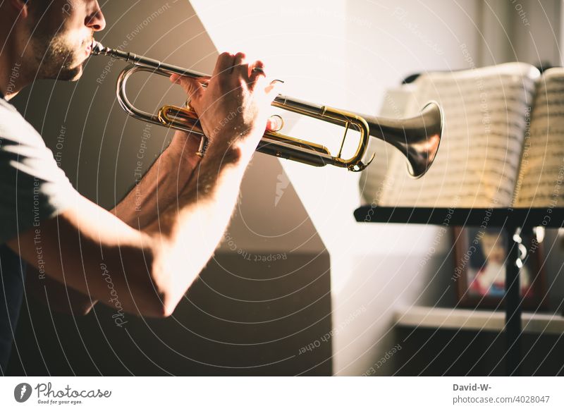konzentriert beim Selbststudium mit dem Musikinstrument studieren üben Trompete Musiker diszipliniert ehrgeizig Noten Willenskraft Erfolg