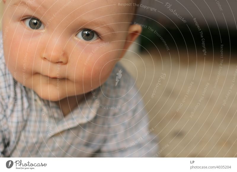 schönes Baby schaut sehr ernst in die Kamera verwirrt ratlos skeptisch Skepsis Zweifel hestitate Unsicherheit Verwirrung Kindheit Realität Experiment innovativ